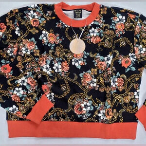 - NEW! Laila Ali Floral Long Sleeve Floral Sweatshirt Pullover Black/Coral